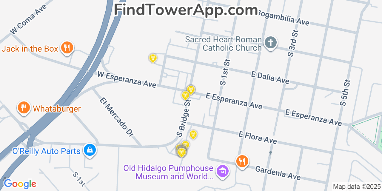 Map showing the 20 primary cell tower locations detected in Hidalgo, Texas from AT&T, Verizon, and T-Mobile networks