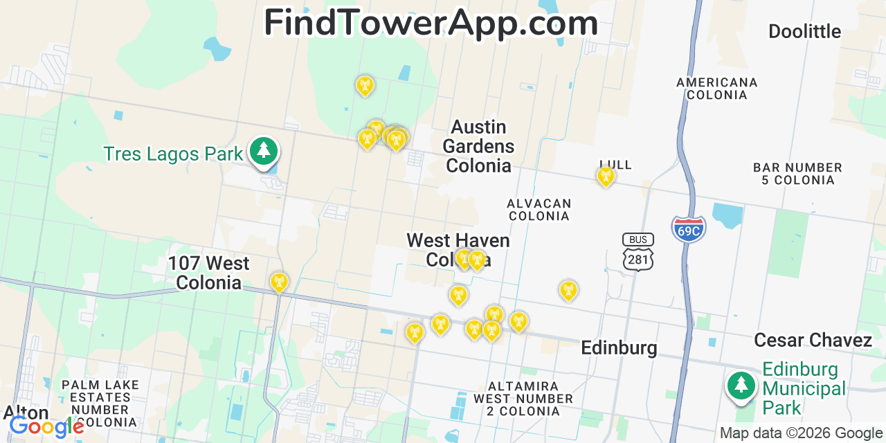Map showing the 20 primary cell tower locations detected in Hidalgo, Texas from AT&T, Verizon, and T-Mobile networks