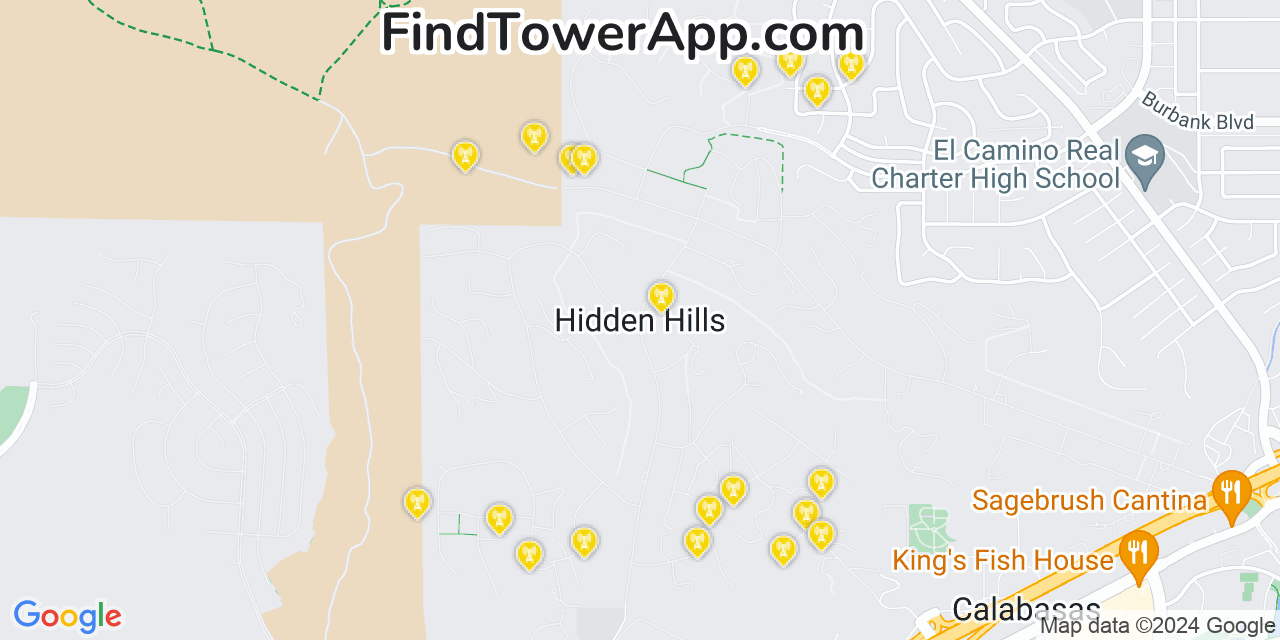 AT&T 4G/5G cell tower coverage map Hidden Hills, California