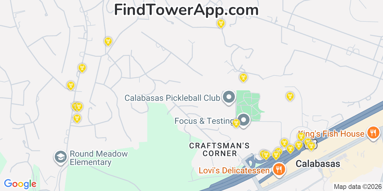 Map showing the 20 primary cell tower locations detected in Hidden Hills, California from AT&T, Verizon, and T-Mobile networks