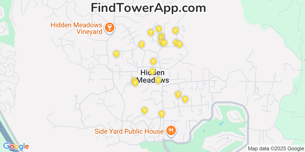 Map showing the 20 primary cell tower locations detected in Hidden Meadows, California from AT&T, Verizon, and T-Mobile networks