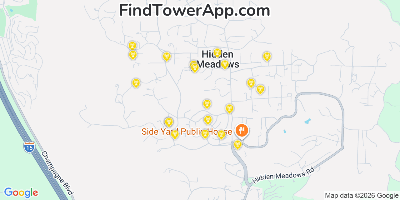 Map showing the 20 primary cell tower locations detected in Hidden Meadows, California from AT&T, Verizon, and T-Mobile networks