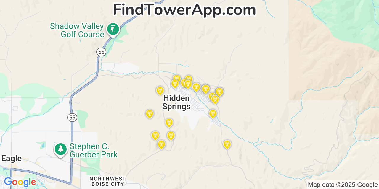 Map showing the 20 primary cell tower locations detected in Hidden Spring, Idaho from AT&T, Verizon, and T-Mobile networks
