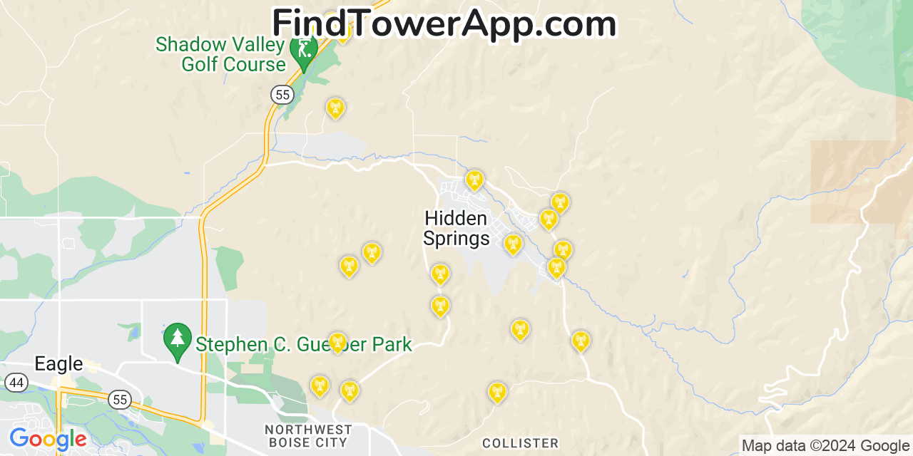 Verizon 4G/5G cell tower coverage map Hidden Spring, Idaho