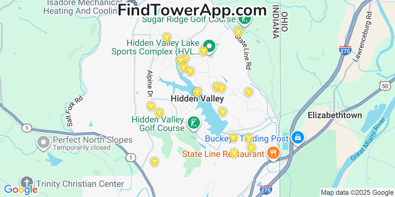 Map showing the 20 primary cell tower locations detected in Hidden Valley, Indiana from AT&T, Verizon, and T-Mobile networks