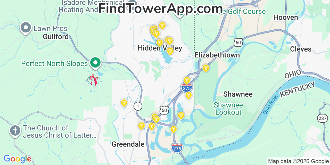 Map showing the 20 primary cell tower locations detected in Hidden Valley, Indiana from AT&T, Verizon, and T-Mobile networks