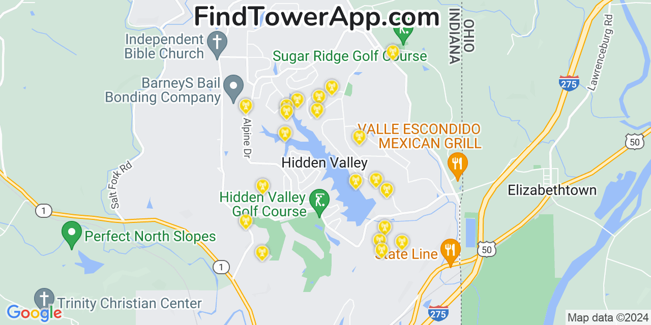 Verizon 4G/5G cell tower coverage map Hidden Valley, Indiana