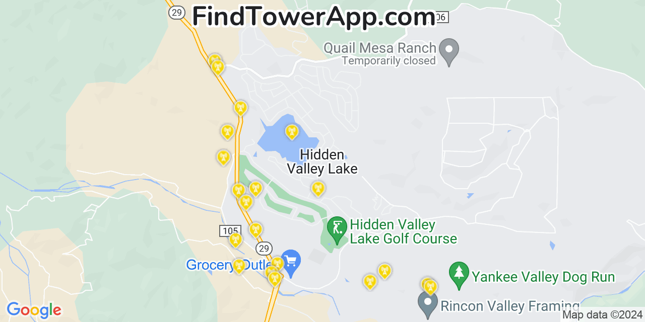 AT&T 4G/5G cell tower coverage map Hidden Valley Lake, California