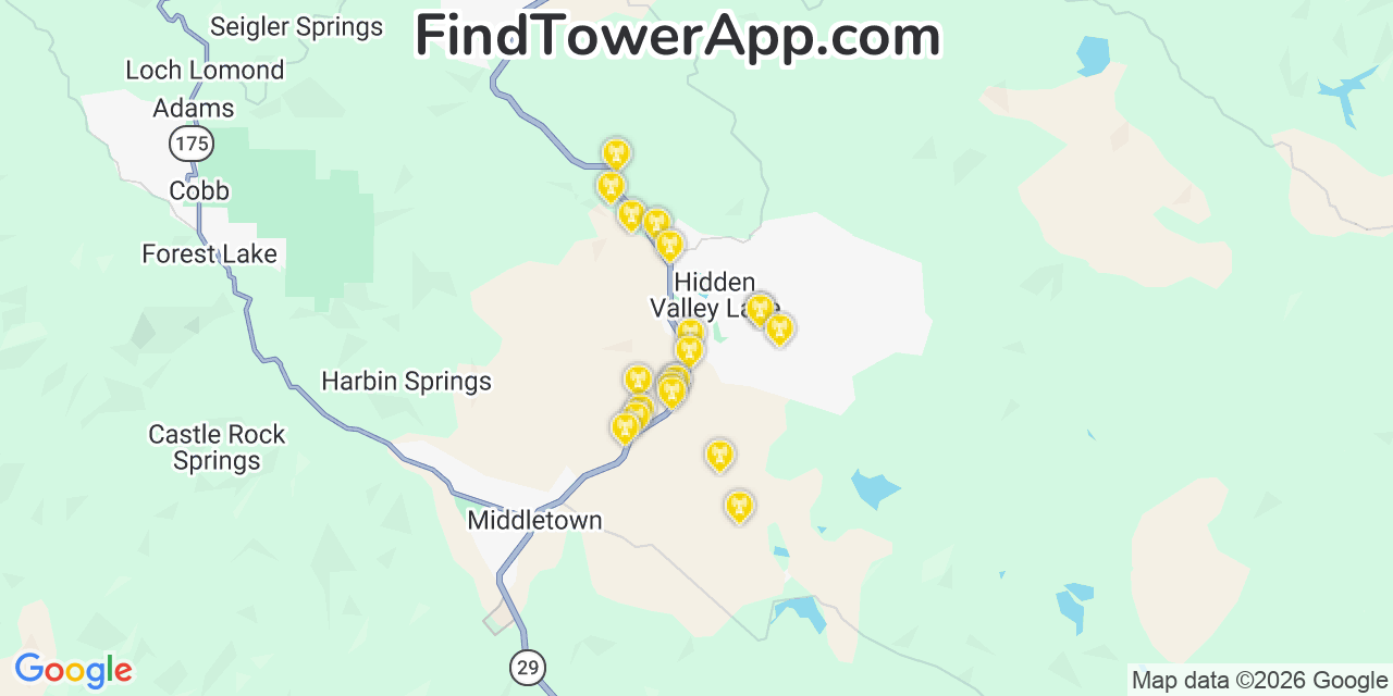 Map showing the 20 primary cell tower locations detected in Hidden Valley Lake, California from AT&T, Verizon, and T-Mobile networks