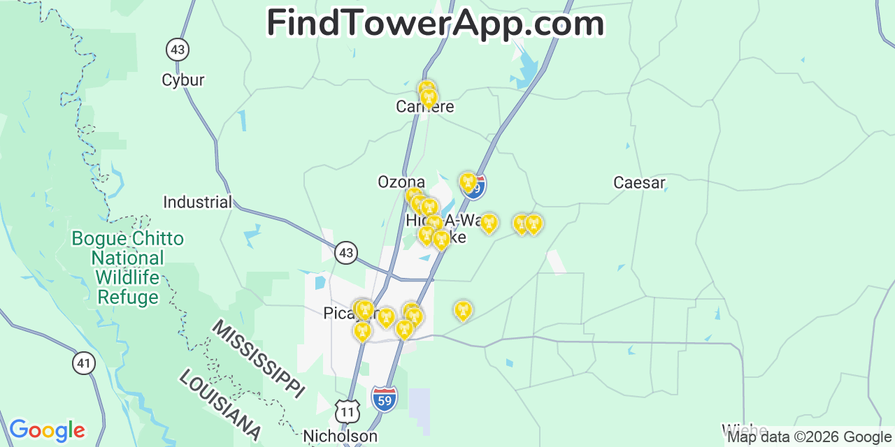Map showing the 20 primary cell tower locations detected in Hide A Way Lake, Mississippi from AT&T, Verizon, and T-Mobile networks