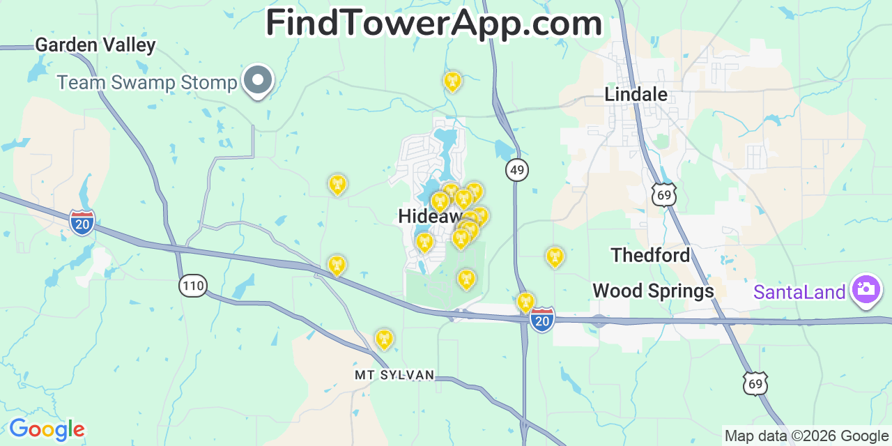 Map showing the 20 primary cell tower locations detected in Hideaway, Texas from AT&T, Verizon, and T-Mobile networks