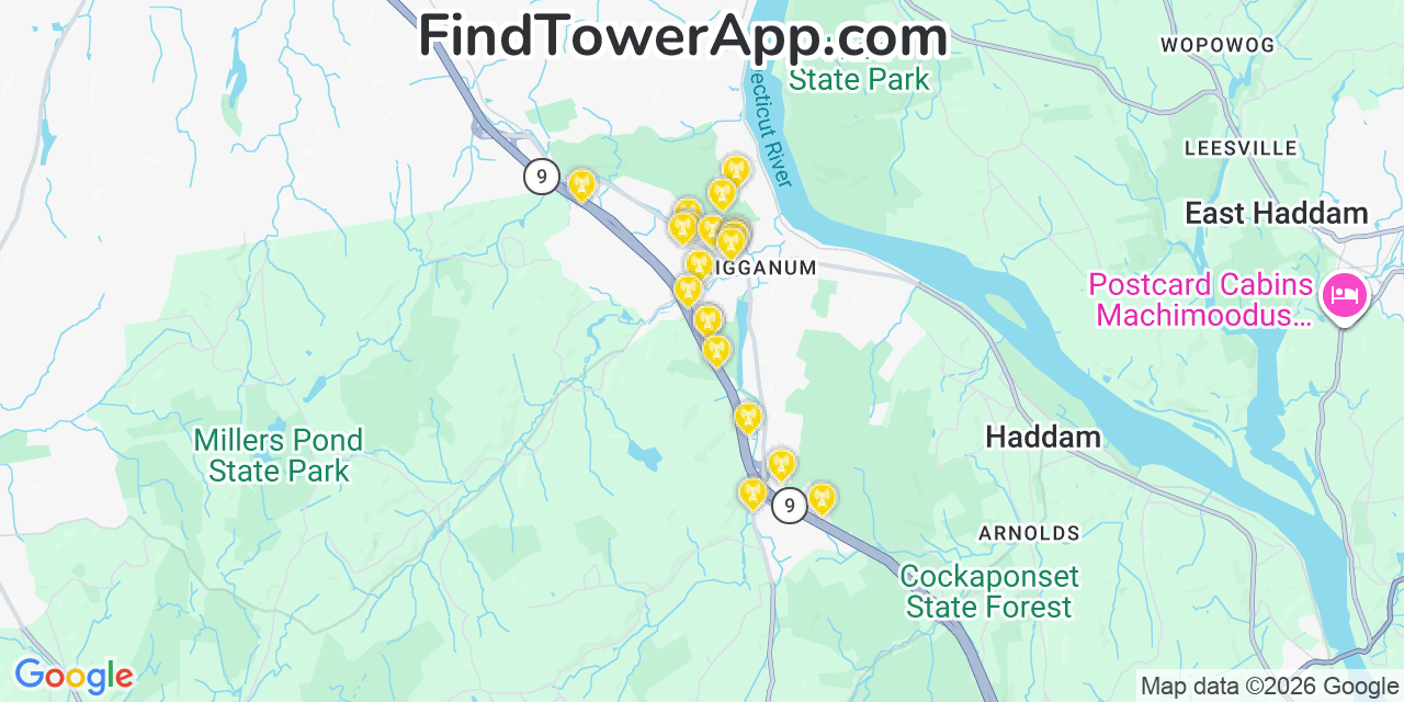 Map showing the 20 primary cell tower locations detected in Higganum, Connecticut from AT&T, Verizon, and T-Mobile networks