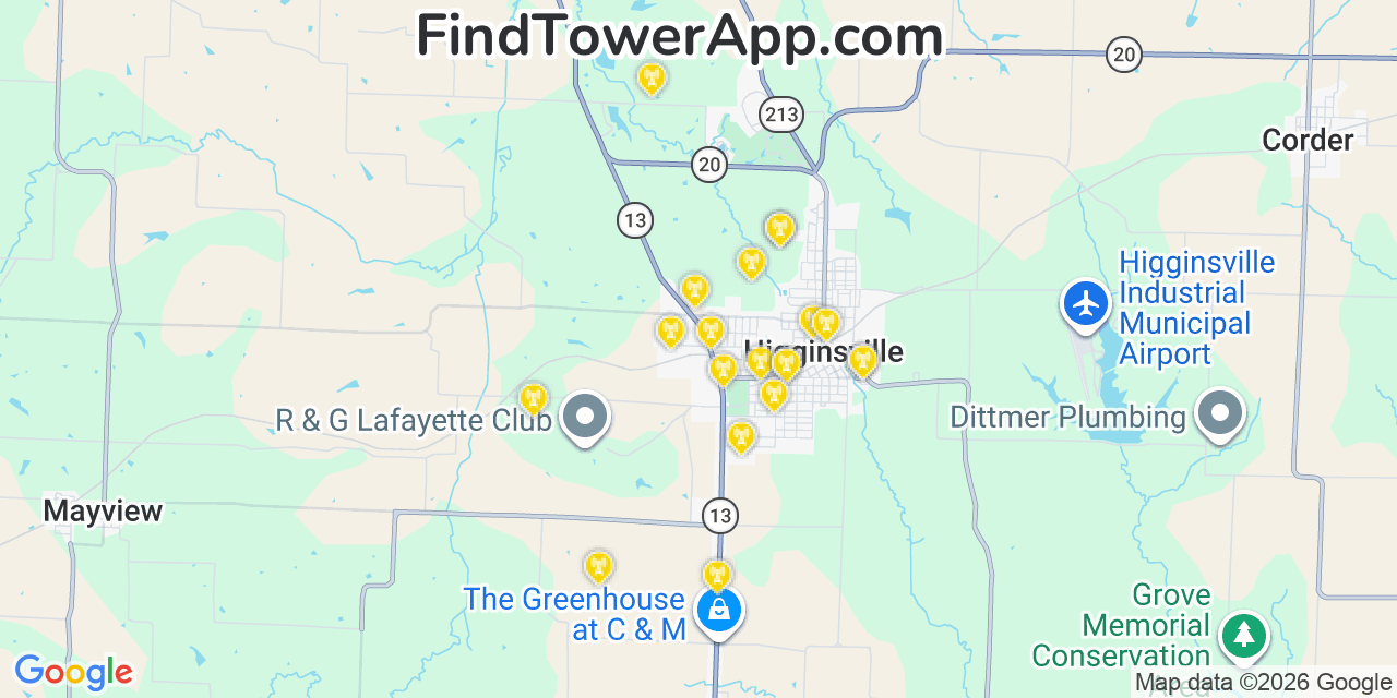 Map showing the 20 primary cell tower locations detected in Higginsville, Missouri from AT&T, Verizon, and T-Mobile networks
