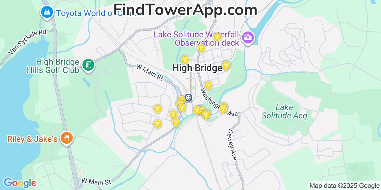 Map showing the 20 primary cell tower locations detected in High Bridge, New Jersey from AT&T, Verizon, and T-Mobile networks
