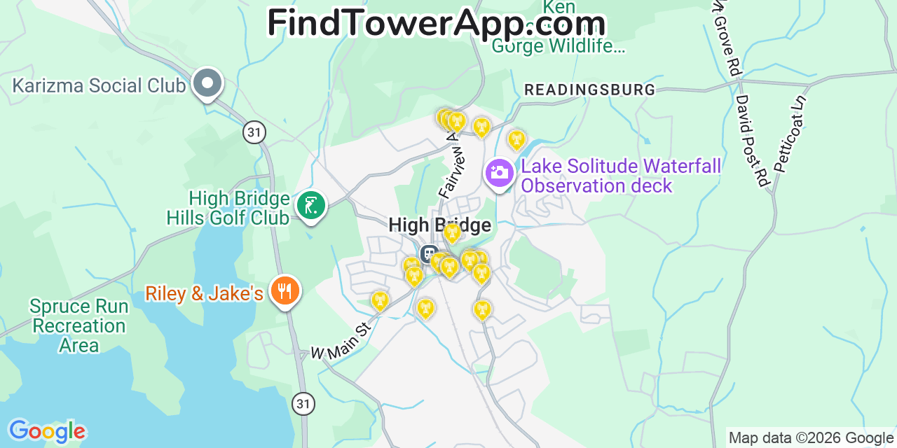 Map showing the 20 primary cell tower locations detected in High Bridge, New Jersey from AT&T, Verizon, and T-Mobile networks