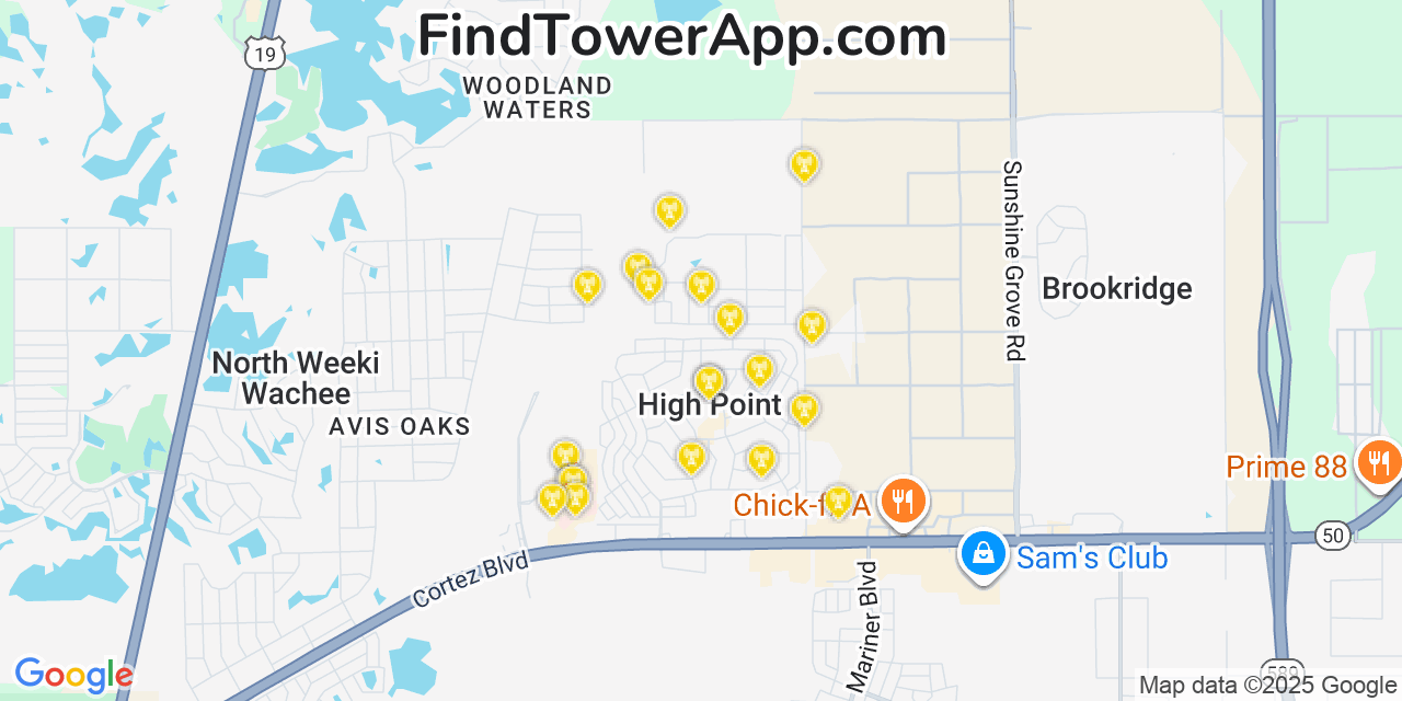 Map showing the 20 primary cell tower locations detected in High Point, Florida from AT&T, Verizon, and T-Mobile networks