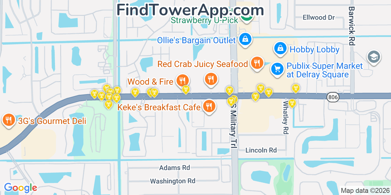 Map showing the 20 primary cell tower locations detected in High Point, Florida from AT&T, Verizon, and T-Mobile networks