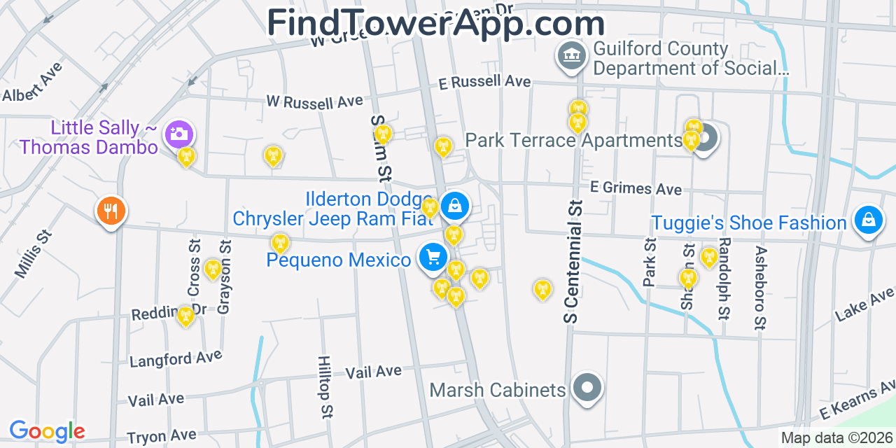 Map showing the 20 primary cell tower locations detected in High Point, North Carolina from AT&T, Verizon, and T-Mobile networks