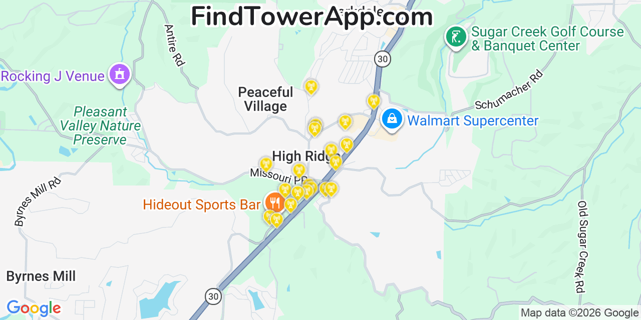 Map showing the 20 primary cell tower locations detected in High Ridge, Missouri from AT&T, Verizon, and T-Mobile networks