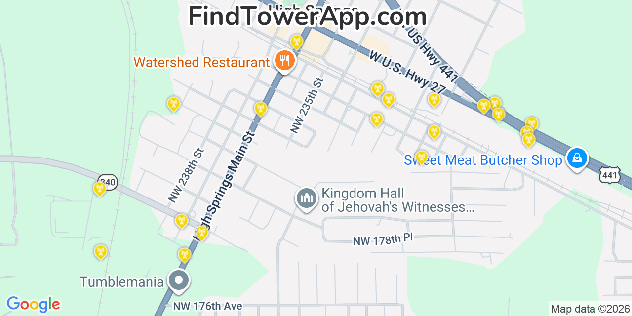 Map showing the 20 primary cell tower locations detected in High Springs, Florida from AT&T, Verizon, and T-Mobile networks
