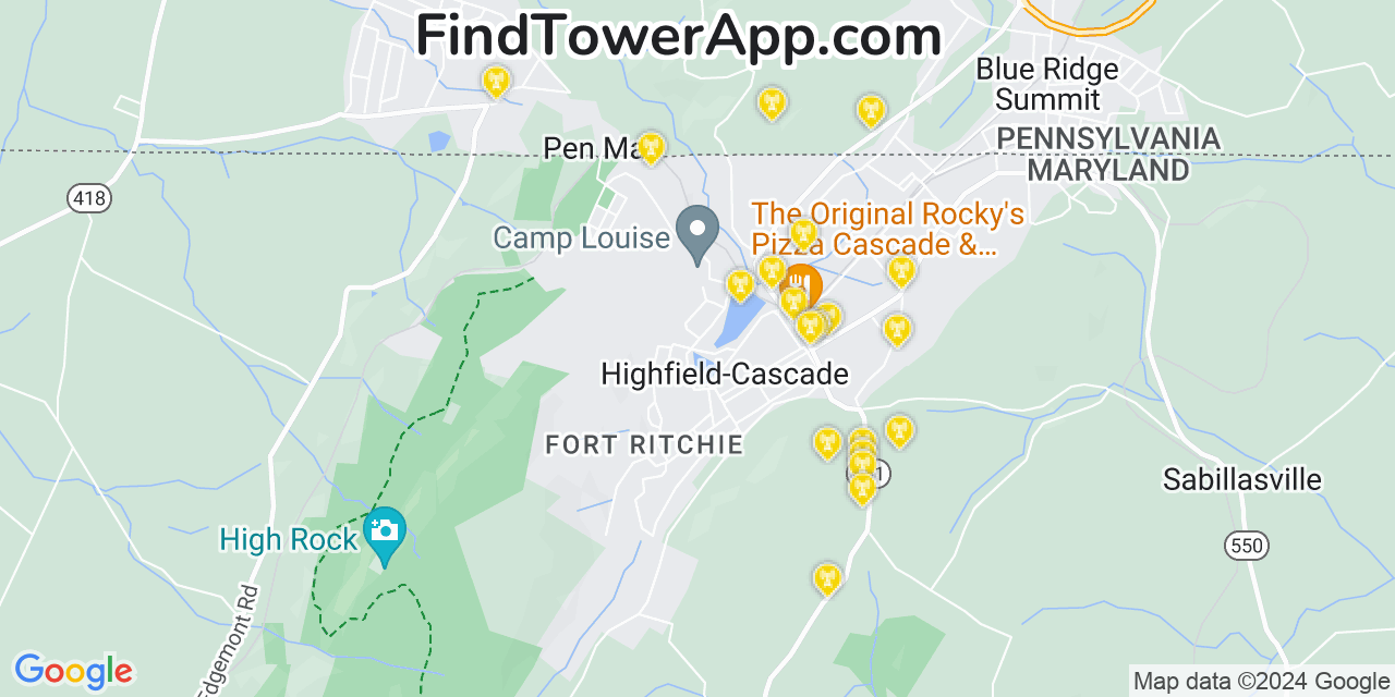 AT&T 4G/5G cell tower coverage map Highfield Cascade, Maryland