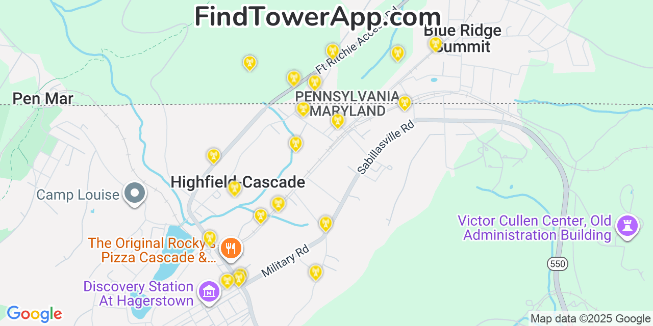 Map showing the 20 primary cell tower locations detected in Highfield-Cascade, Maryland from AT&T, Verizon, and T-Mobile networks