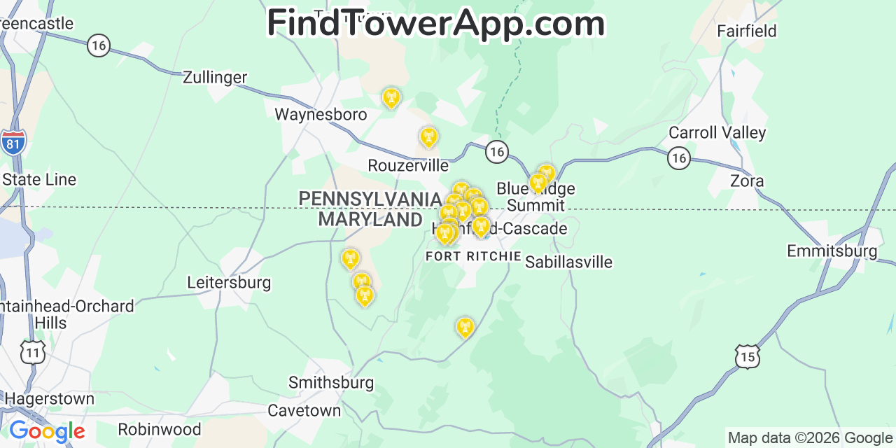 Map showing the 20 primary cell tower locations detected in Highfield Cascade, Maryland from AT&T, Verizon, and T-Mobile networks