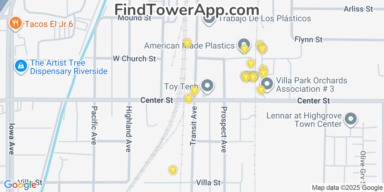 Map showing the 20 primary cell tower locations detected in Highgrove, California from AT&T, Verizon, and T-Mobile networks