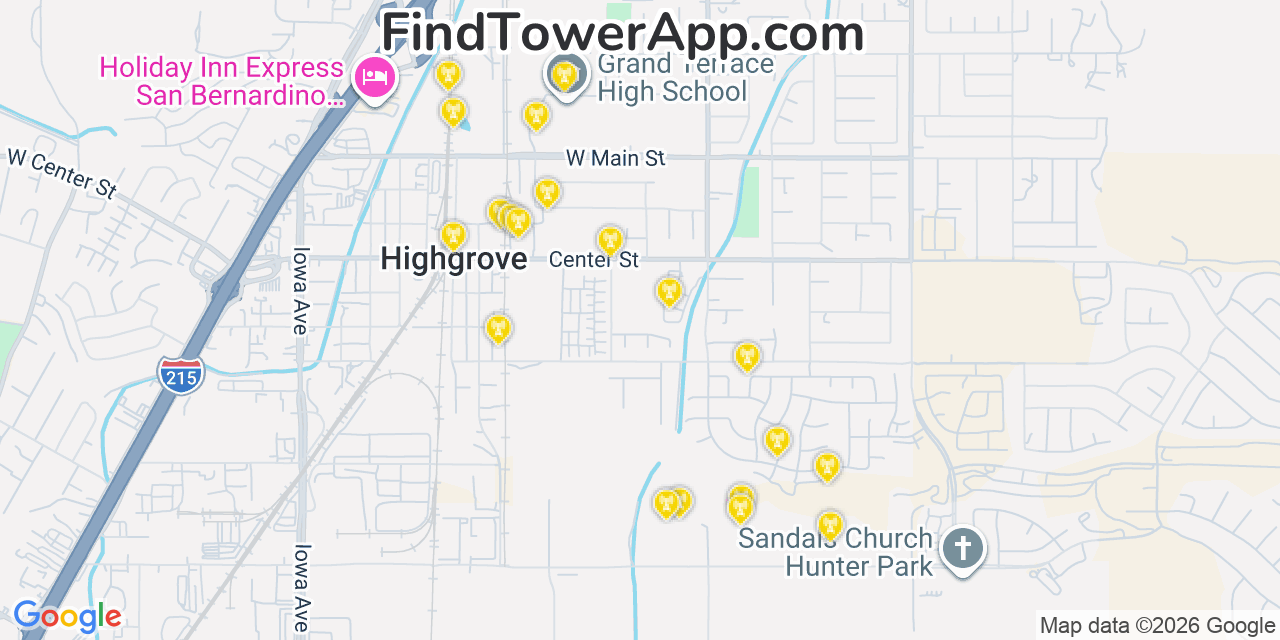 Map showing the 20 primary cell tower locations detected in Highgrove, California from AT&T, Verizon, and T-Mobile networks