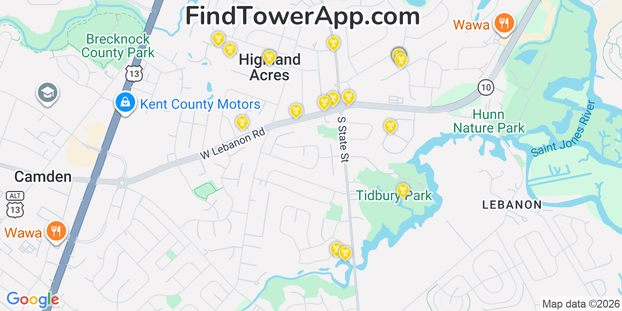 Map showing the 20 primary cell tower locations detected in Highland Acres, Delaware from AT&T, Verizon, and T-Mobile networks