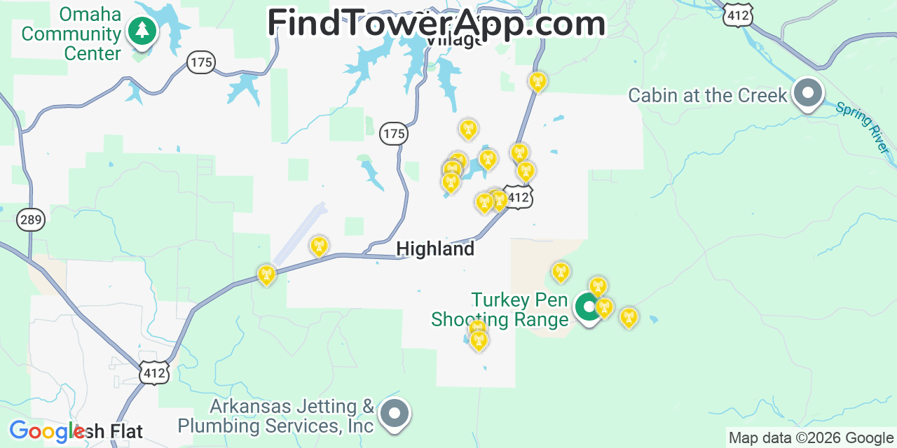 Map showing the 20 primary cell tower locations detected in Highland, Arkansas from AT&T, Verizon, and T-Mobile networks