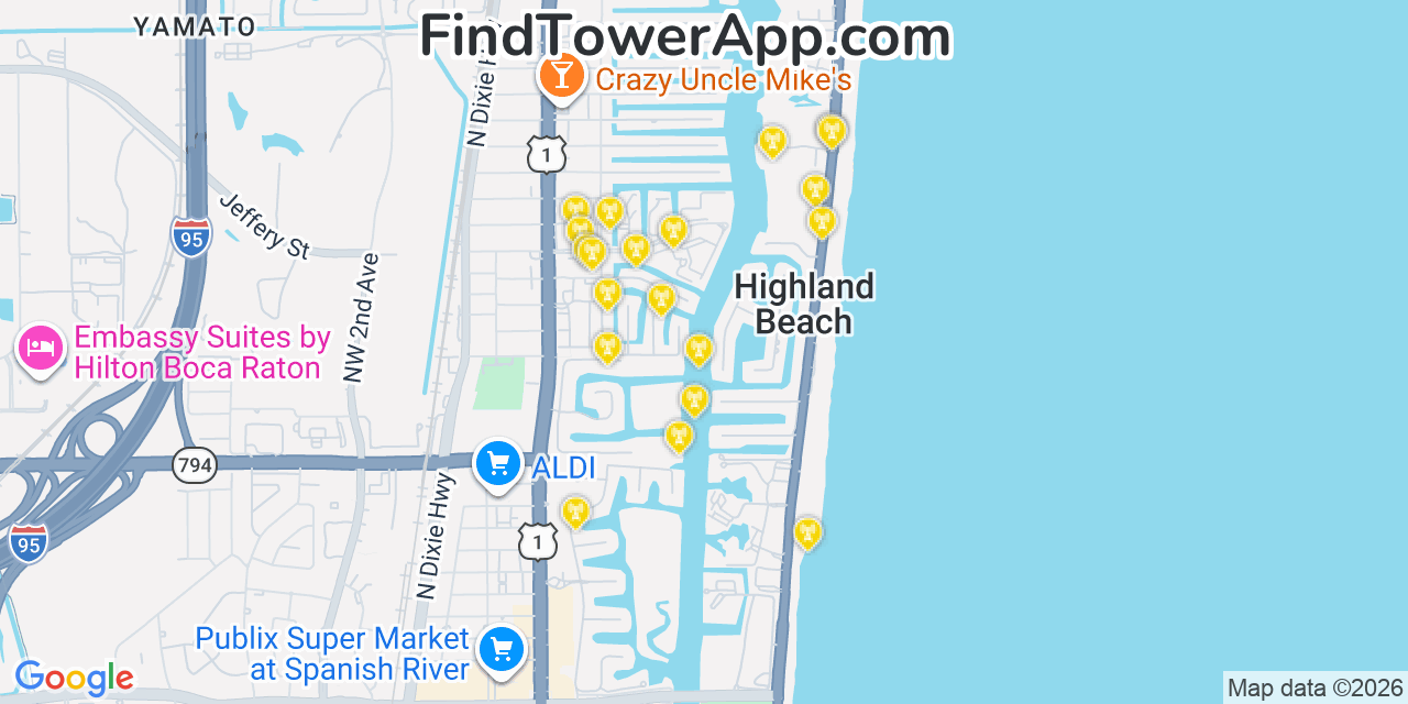 Map showing the 20 primary cell tower locations detected in Highland Beach, Florida from AT&T, Verizon, and T-Mobile networks