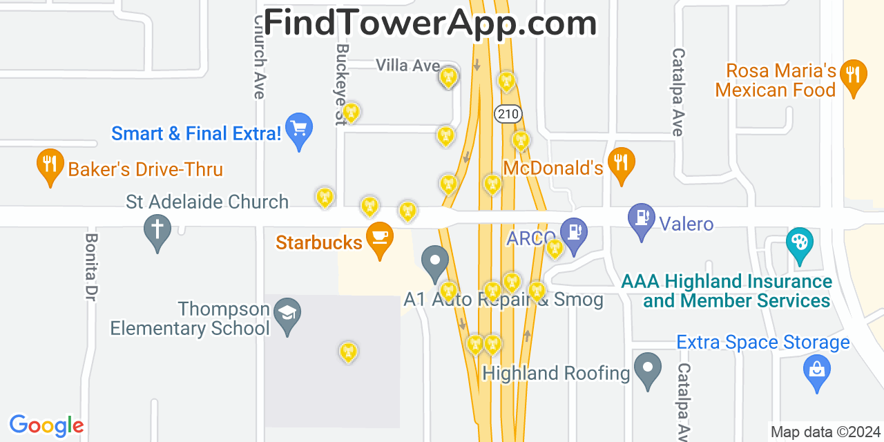 AT&T 4G/5G cell tower coverage map Highland, California