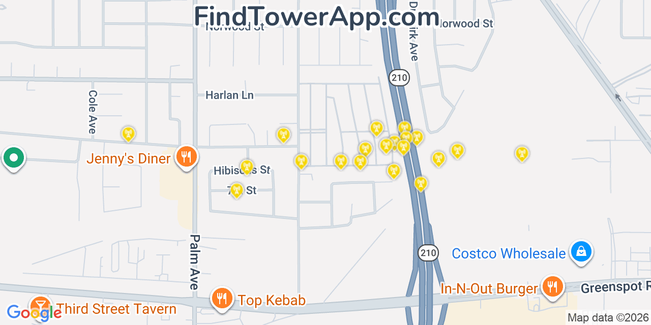 Map showing the 20 primary cell tower locations detected in Highland, California from AT&T, Verizon, and T-Mobile networks