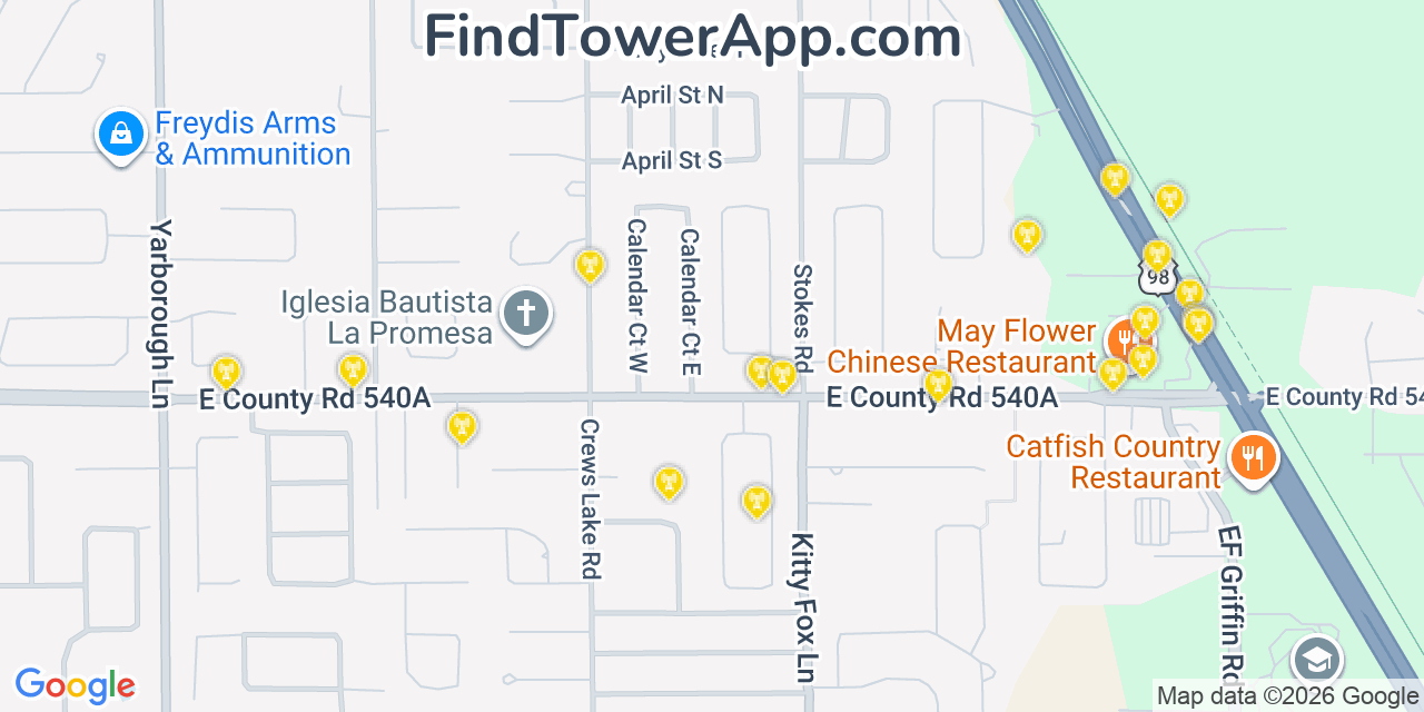 Map showing the 20 primary cell tower locations detected in Highland City, Florida from AT&T, Verizon, and T-Mobile networks