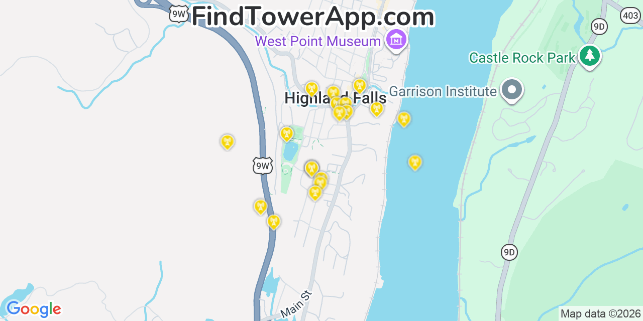 Map showing the 20 primary cell tower locations detected in Highland Falls, New York from AT&T, Verizon, and T-Mobile networks