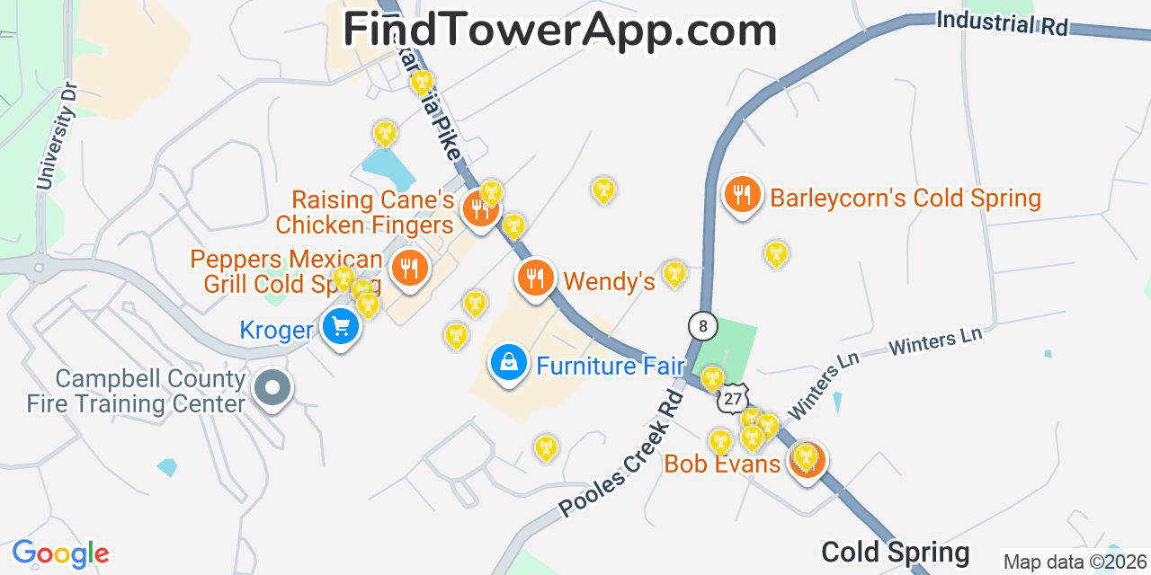 Map showing the 20 primary cell tower locations detected in Highland Heights, Kentucky from AT&T, Verizon, and T-Mobile networks