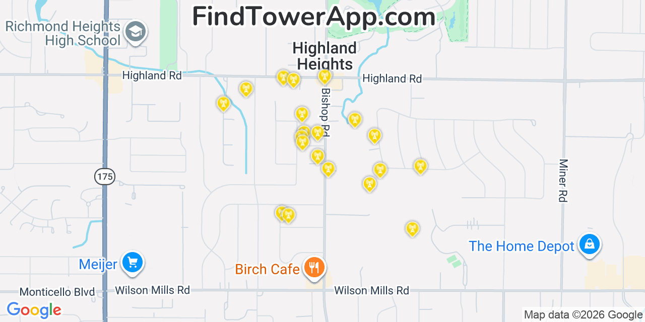 Map showing the 20 primary cell tower locations detected in Highland Heights, Ohio from AT&T, Verizon, and T-Mobile networks