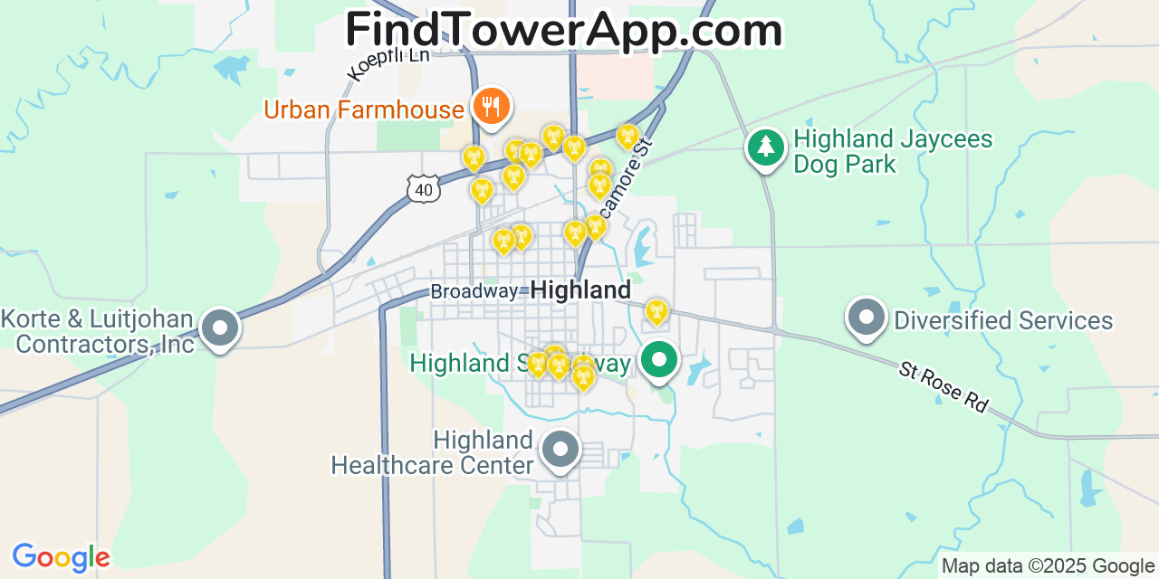 Map showing the 20 primary cell tower locations detected in Highland, Illinois from AT&T, Verizon, and T-Mobile networks