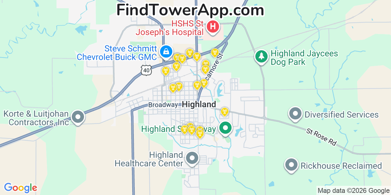 Map showing the 20 primary cell tower locations detected in Highland, Illinois from AT&T, Verizon, and T-Mobile networks
