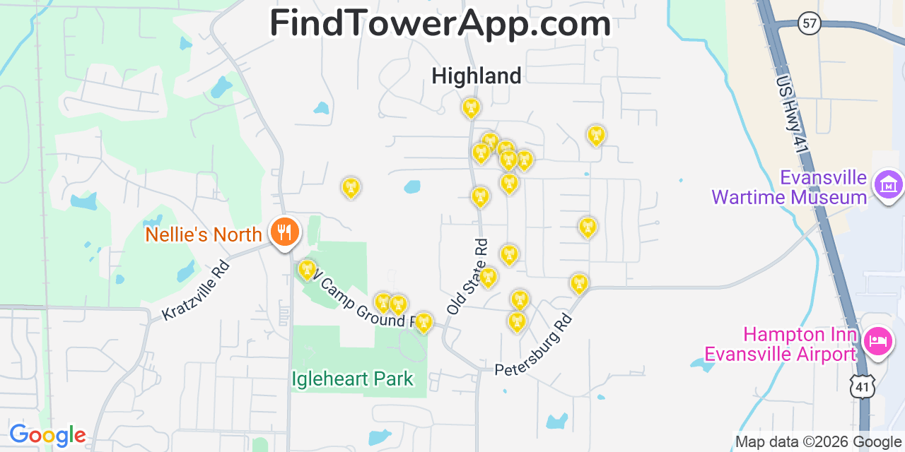 Map showing the 20 primary cell tower locations detected in Highland, Indiana from AT&T, Verizon, and T-Mobile networks