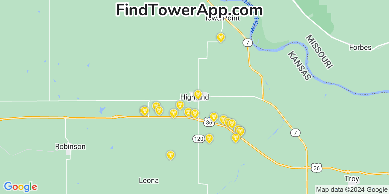 AT&T 4G/5G cell tower coverage map Highland, Kansas