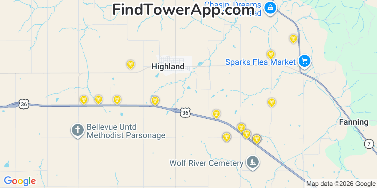 Map showing the 20 primary cell tower locations detected in Highland, Kansas from AT&T, Verizon, and T-Mobile networks