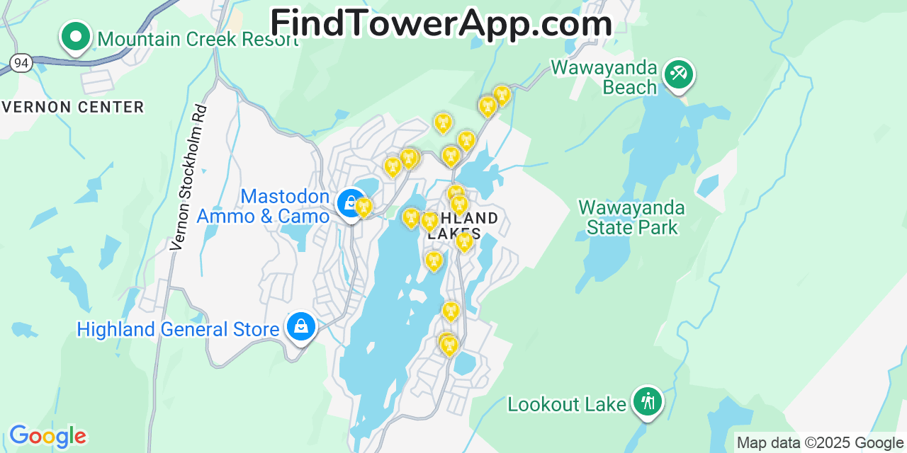 Map showing the 20 primary cell tower locations detected in Highland Lake, New Jersey from AT&T, Verizon, and T-Mobile networks