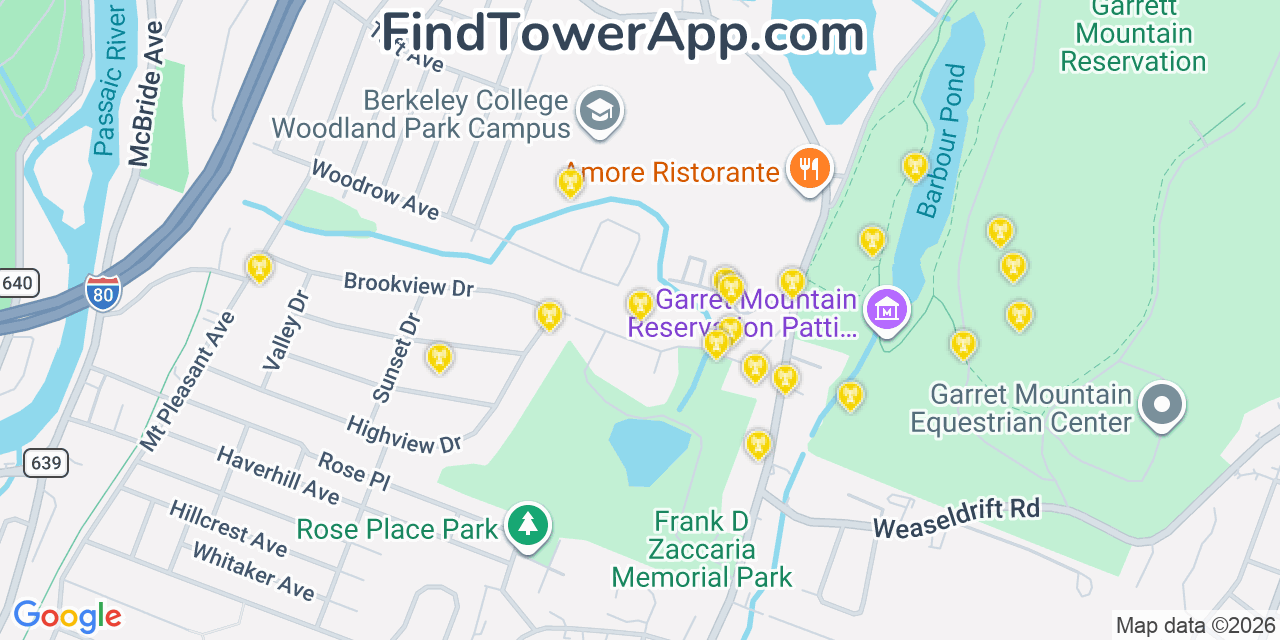 Map showing the 20 primary cell tower locations detected in Highland Lake, New Jersey from AT&T, Verizon, and T-Mobile networks