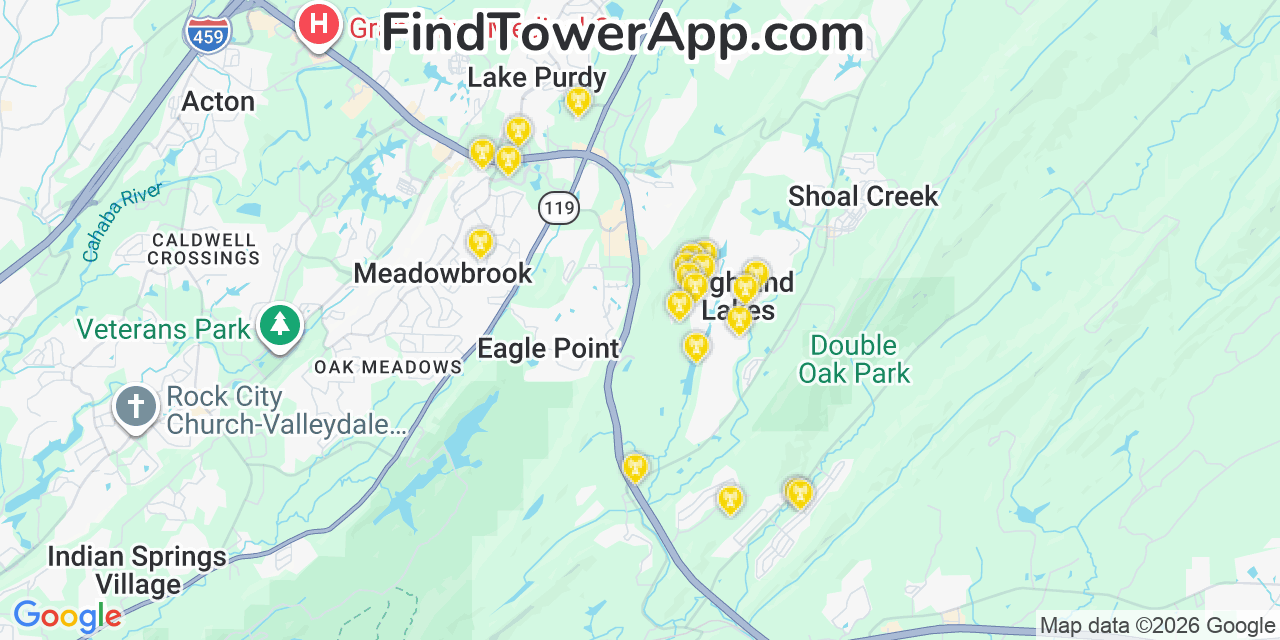 Map showing the 20 primary cell tower locations detected in Highland Lakes, Alabama from AT&T, Verizon, and T-Mobile networks
