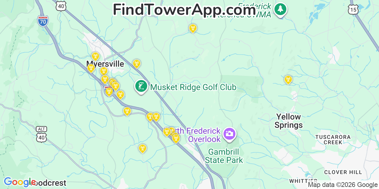 Map showing the 20 primary cell tower locations detected in Highland, Maryland from AT&T, Verizon, and T-Mobile networks