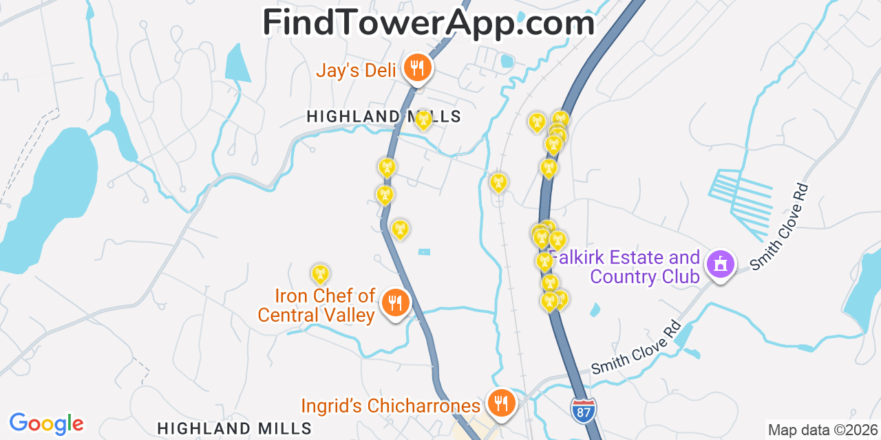 Map showing the 20 primary cell tower locations detected in Highland Mills, New York from AT&T, Verizon, and T-Mobile networks
