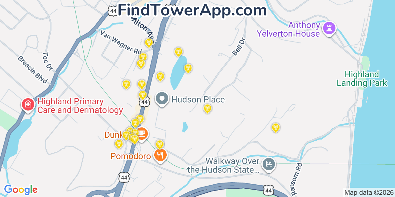 Map showing the 20 primary cell tower locations detected in Highland, New York from AT&T, Verizon, and T-Mobile networks