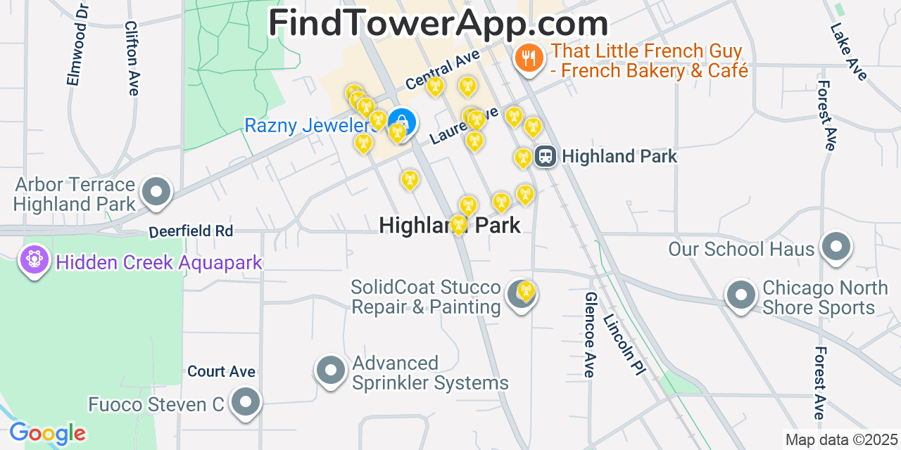 Map showing the 20 primary cell tower locations detected in Highland Park, Illinois from AT&T, Verizon, and T-Mobile networks